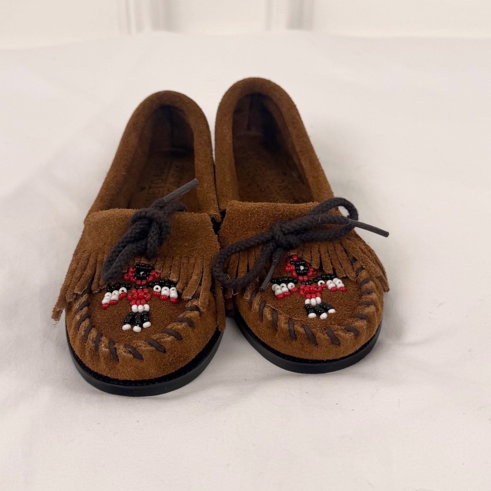 Minnetonka‎ Moccasin Thunderbird Kids Brown Suede Beaded Fringe Loafers